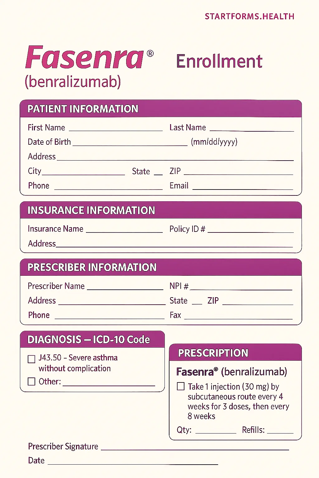 Fasenra Enrollment Form with patient, insurance, prescriber, diagnosis, and prescription sections