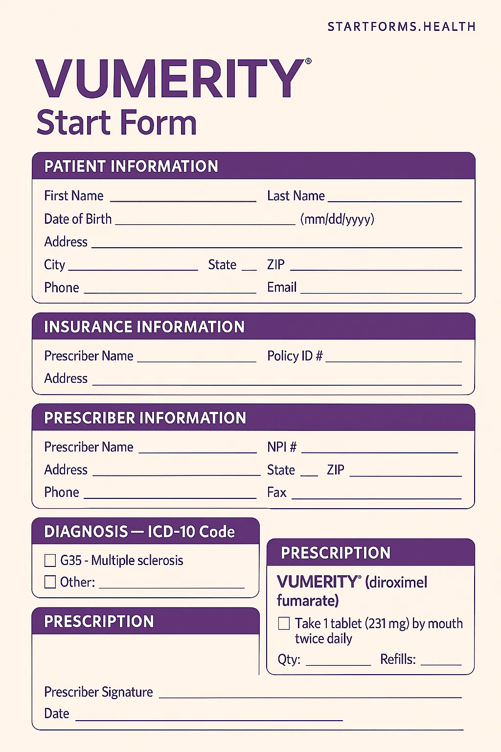 Vumerity start form for patient, insurance, and prescription details